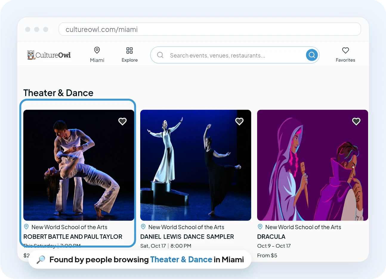 The Theater & Dance row on CultureOwl Miami, with a New World School of the Arts performance listed