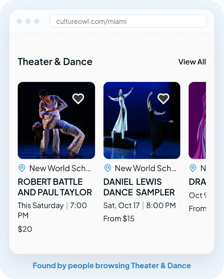 The Theater & Dance row on CultureOwl Miami, with a New World School of the Arts performance listed