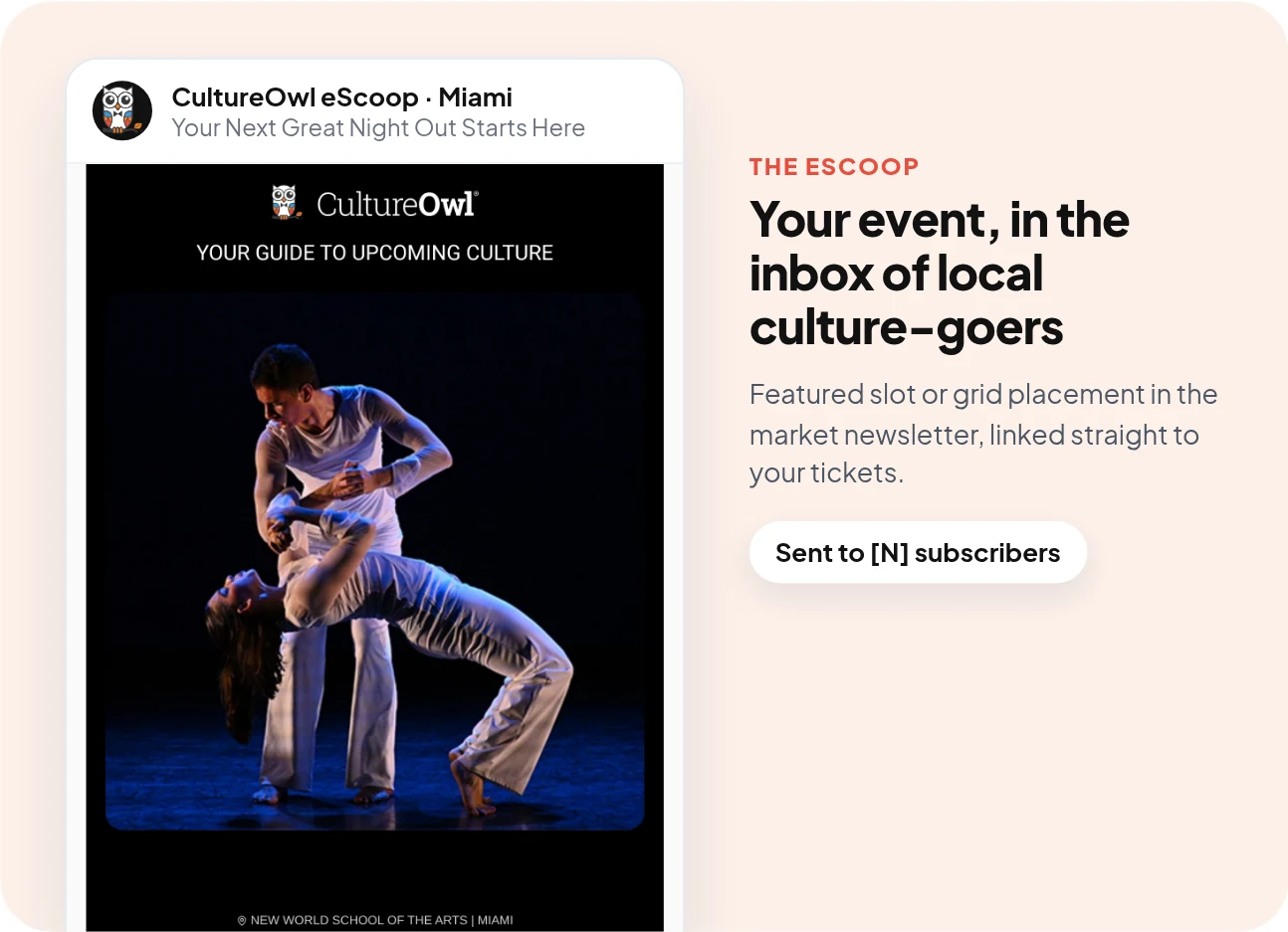 A CultureOwl eScoop newsletter featuring an upcoming Miami dance performance