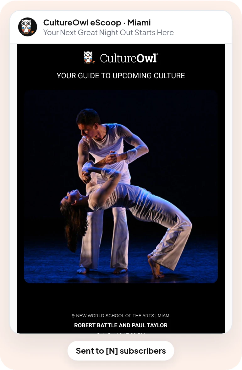 A CultureOwl eScoop newsletter featuring an upcoming Miami dance performance