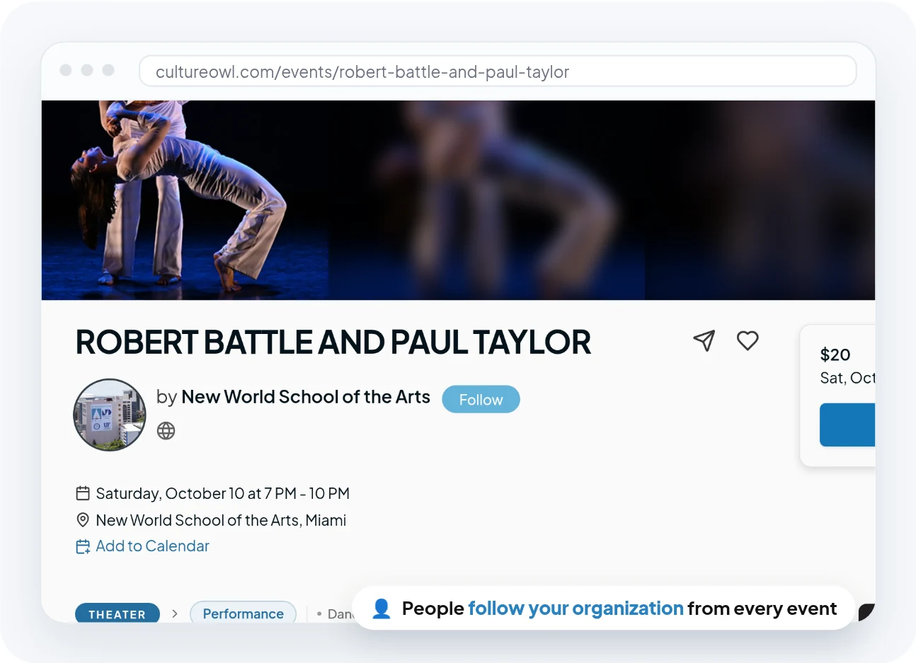 A CultureOwl event page crediting New World School of the Arts, with a Follow button