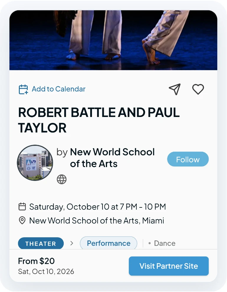 A CultureOwl event page crediting New World School of the Arts, with a Follow button