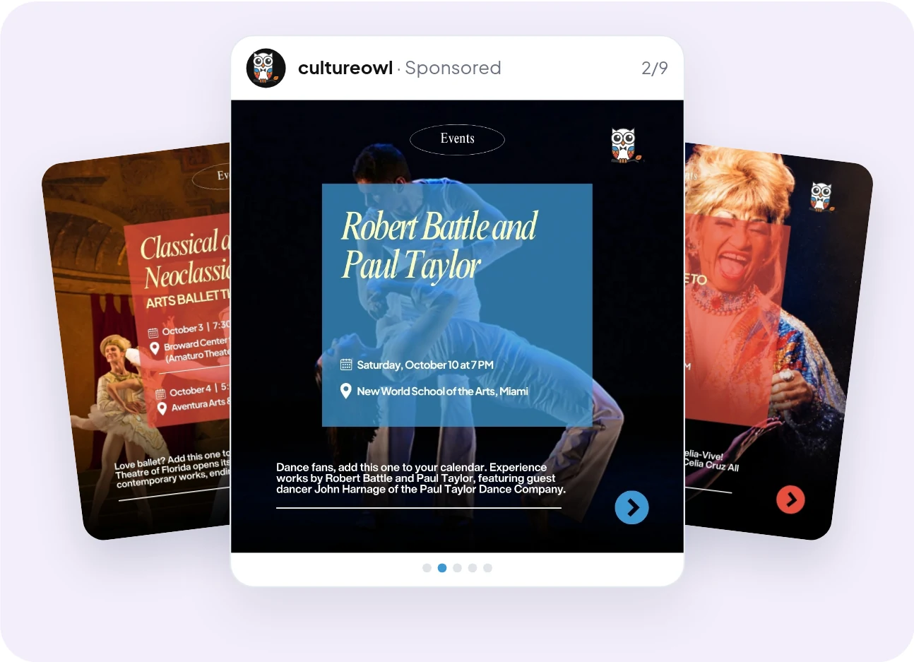 CultureOwl Instagram carousel cards for October performances in Miami