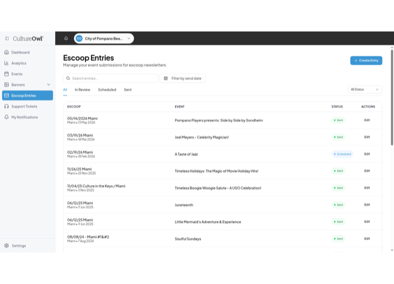 CultureOwl eScoop entries screen showing an organization’s events scheduled into cultural newsletters