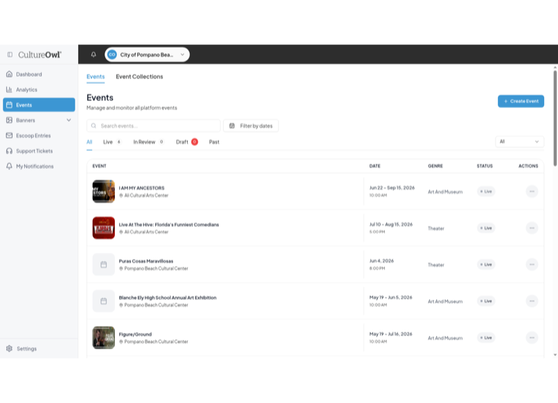 CultureOwl events dashboard listing an organization’s events with dates, genre and live status
