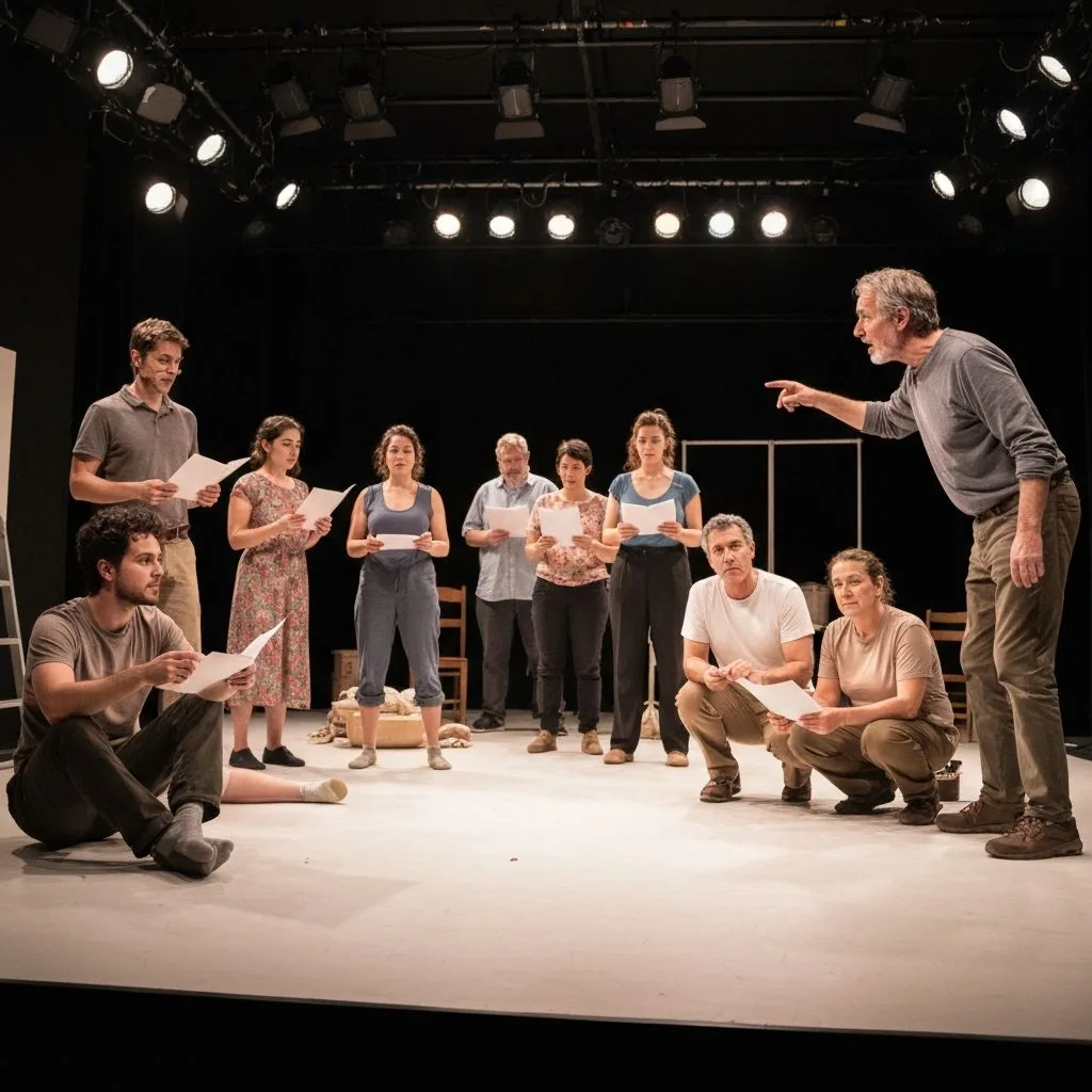 Actors rehearsing on stage at a community theater