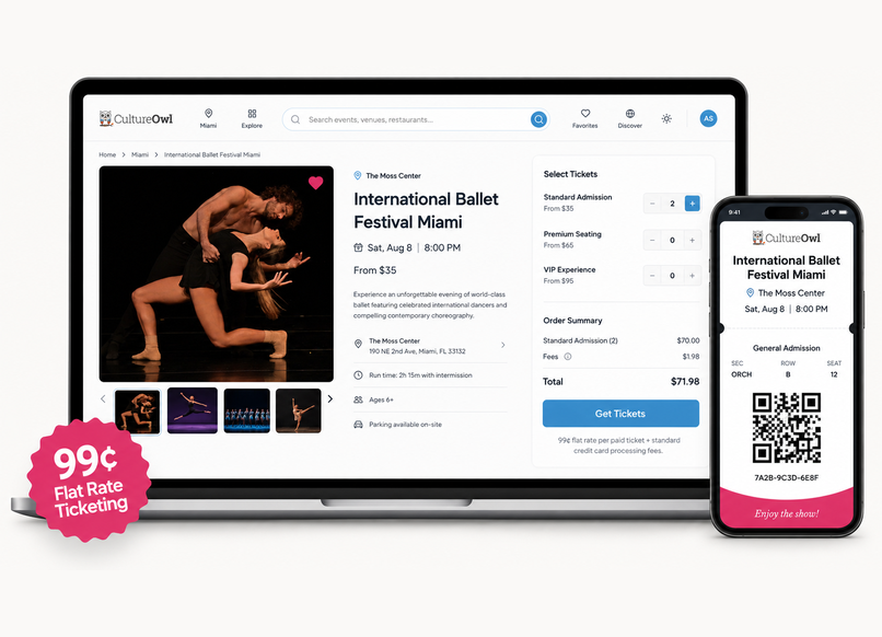A CultureOwl event page leading into ticket purchase
